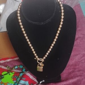 /Bella Canvas Gold Pearl Necklace with Lock Pendant